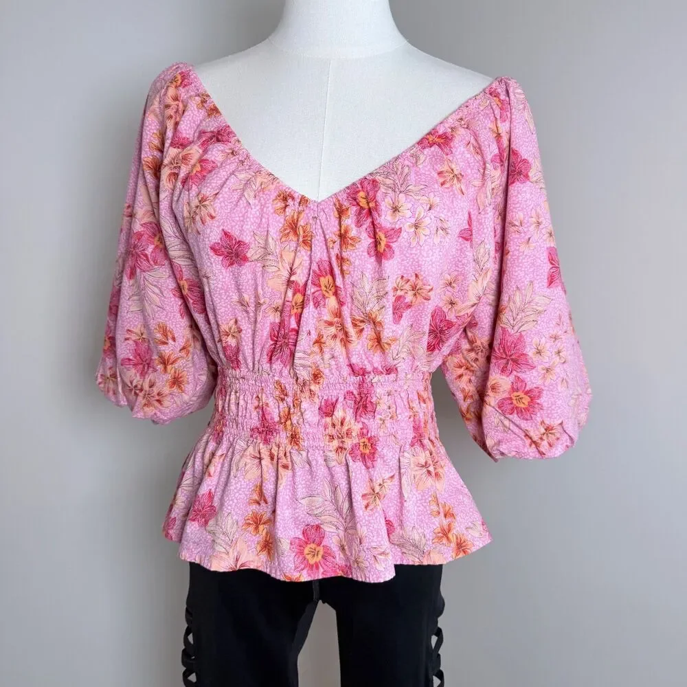 Floral Peplum Blouse Pink Puff Sleeve Cottagecore Boho Soft Modal Large by LOFT